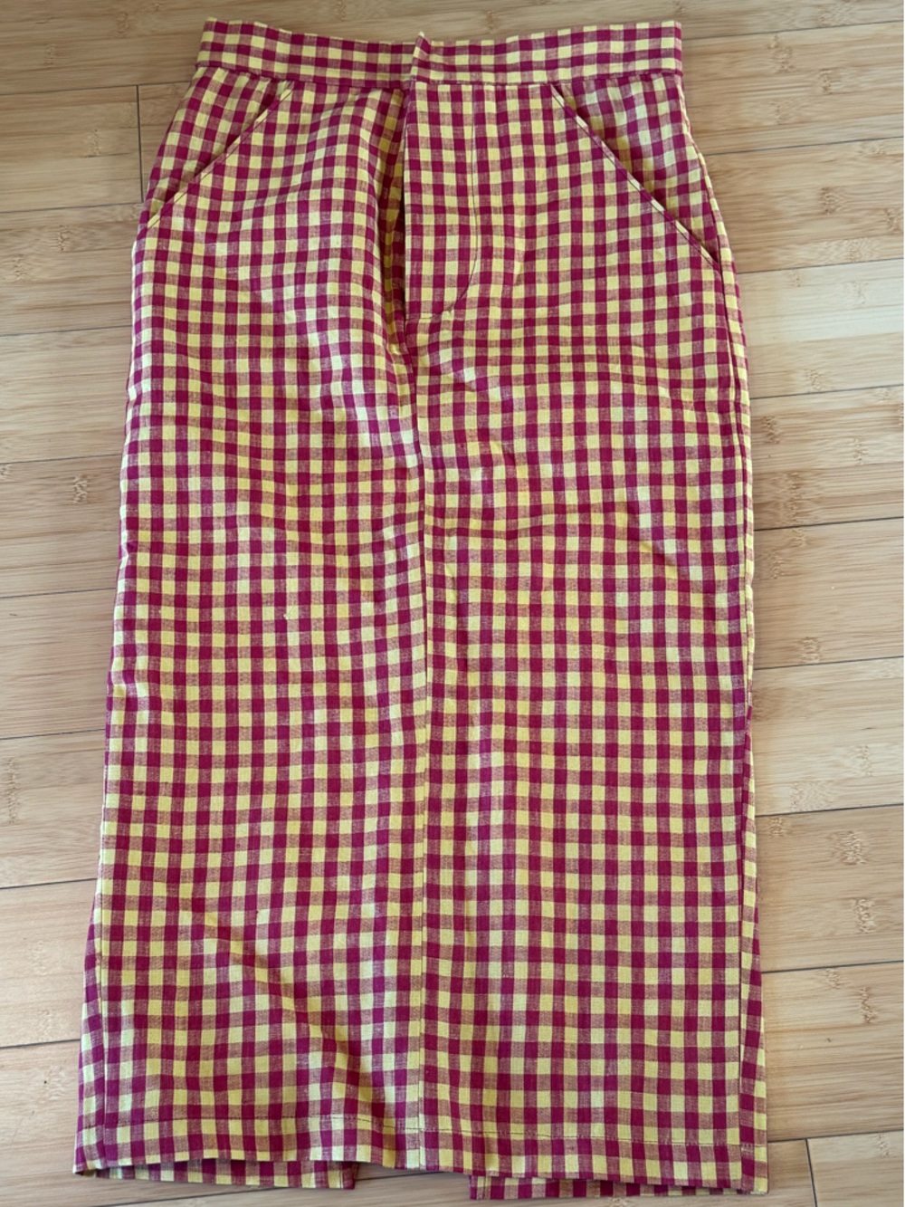 LIKE NEW! Classic! Zankov Yellow Red Plaid Linen Midi Length Pencil Skirt Sz XS